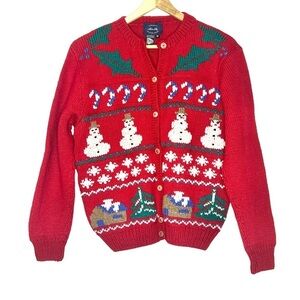 Vintage Allen Jolly Christmas Novelty 100% Wool Cardigan
